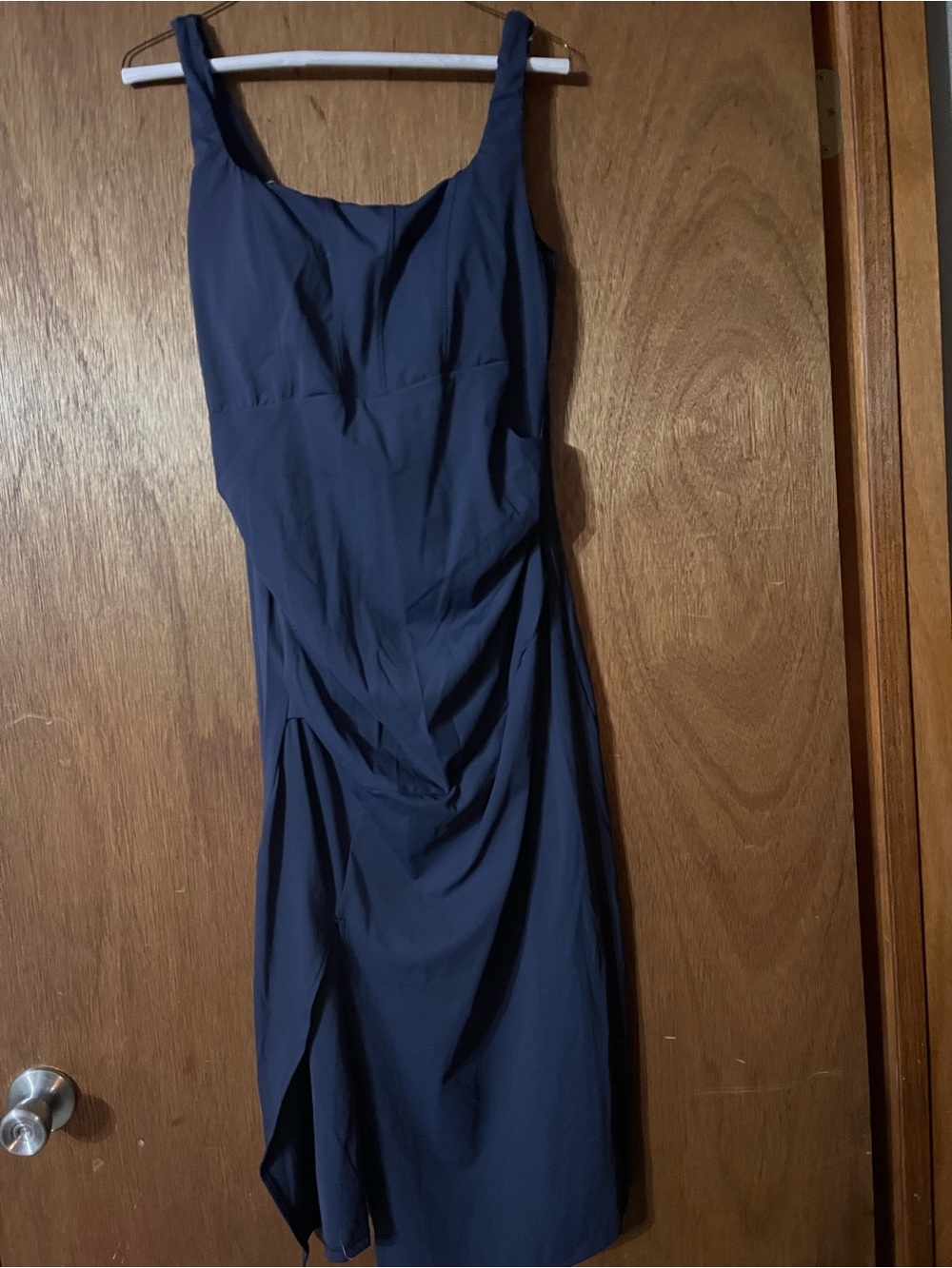 HALARA Navy Midi Dress with Ruched Skirt